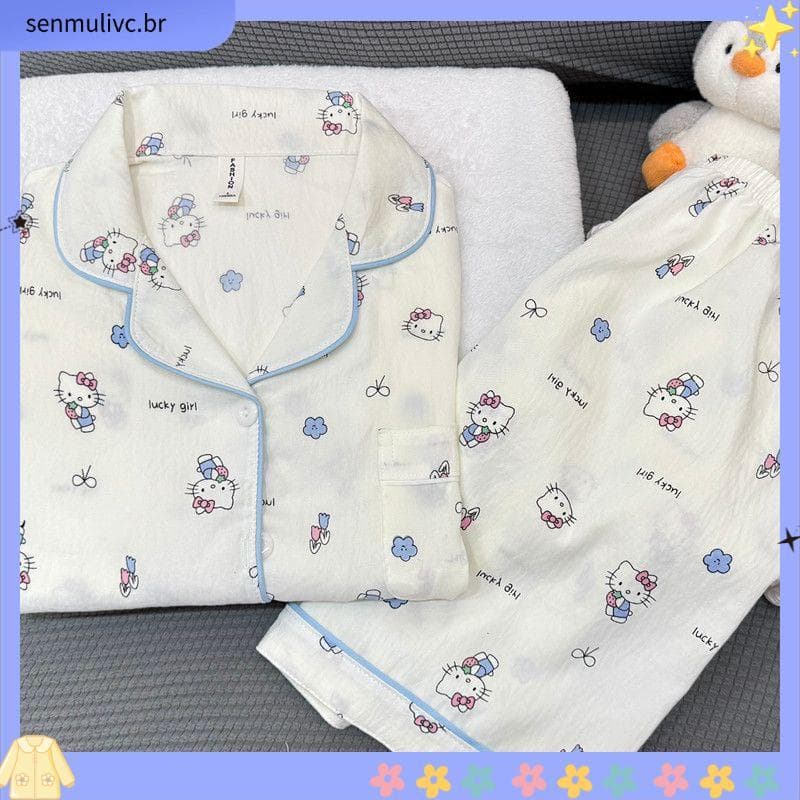 Nuvem pijamas de algodão feminino verão 2026 novo estilo simples bolinhas KT gato fino Shorts de manga curta casa Wear t