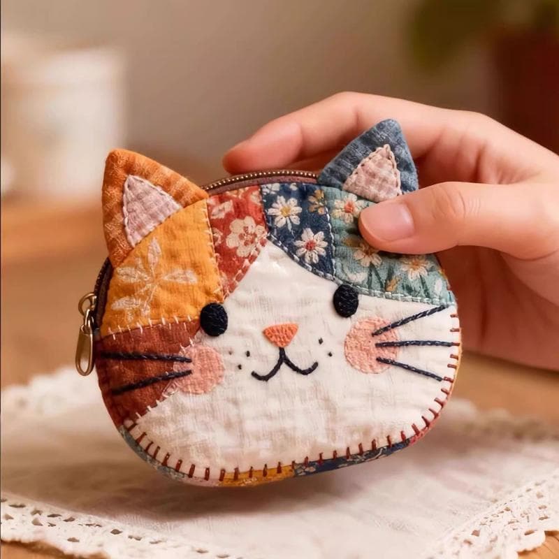 Necessaire Kawaii de Gatinho com Retalhos para Moedas e Maquiagem