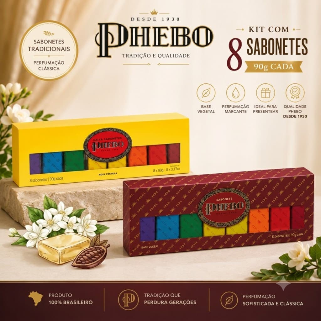 Kit Caixa de Sabonetes Phebo 8 Unidades 90g – Base Vegetal