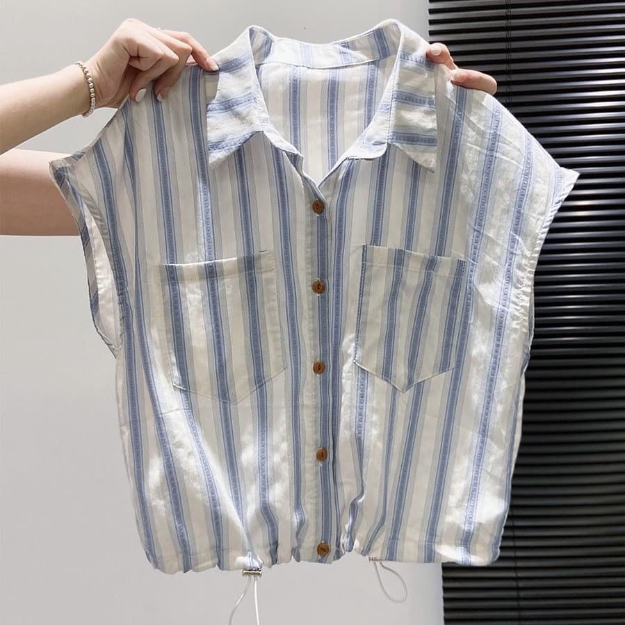Camisa listrada de lapela de manga curta feminina primavera verão solta All-Match estilo ocidental mais magro olhar curt