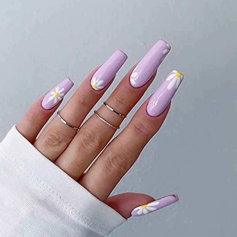 SINHOT 24 Pçs Francês Unhas Falsas Bailarina Longo Brilhante Caixão Imprensa Em Roxo Margarida Dicas De Acrílicas
