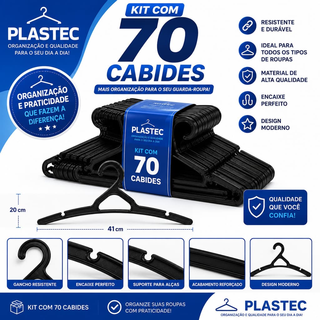 Kit com 70 cabides de plástico reforçado para adultos - ideal para organização
