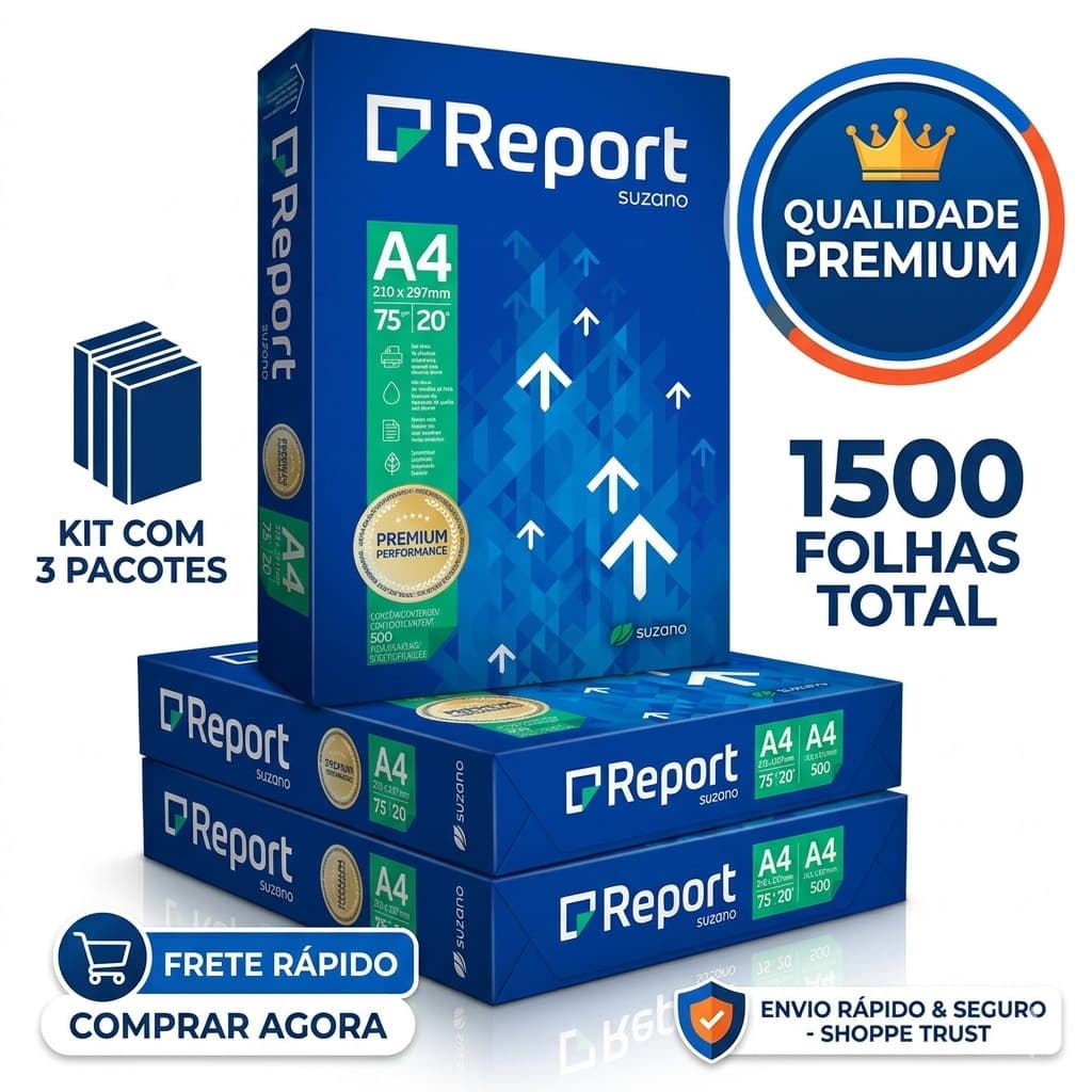 Kit 3 Pacotes de Papel Sulfite Report Folha Ofício Para Impressão A4  com 500 Folhas