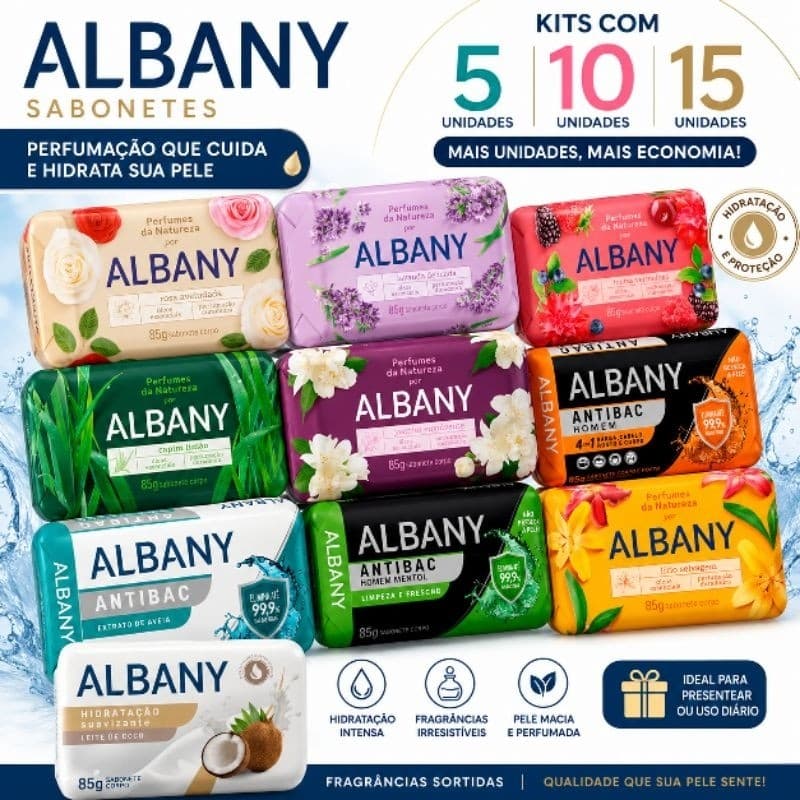 Kit Sabonete Albany 85g com 5, 10 ou 15 Unidades Fragrâncias Sortidas Perfumado Uso Diário