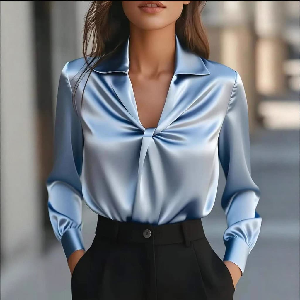 Blusa Elegante de Cetim Branco com Mangas Longas e Pregas para Mulheres, Nova Moda Primavera-Outono 2026