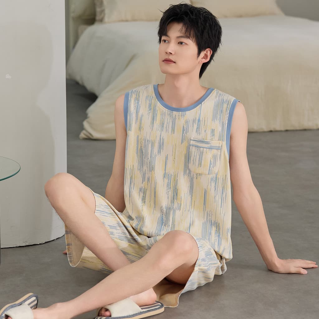 100% algodão pijamas masculinos verão puro algodão colete Shorts pode usar fora terno Homewear masculino 2026 novo estil