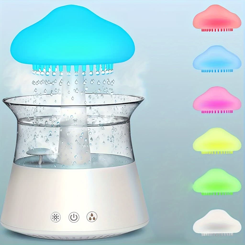 Umidificador com Luz Noturna, Névoa em Forma de Nuvem, Luz Colorida com Efeito de Queda de Água e Respiro Estático