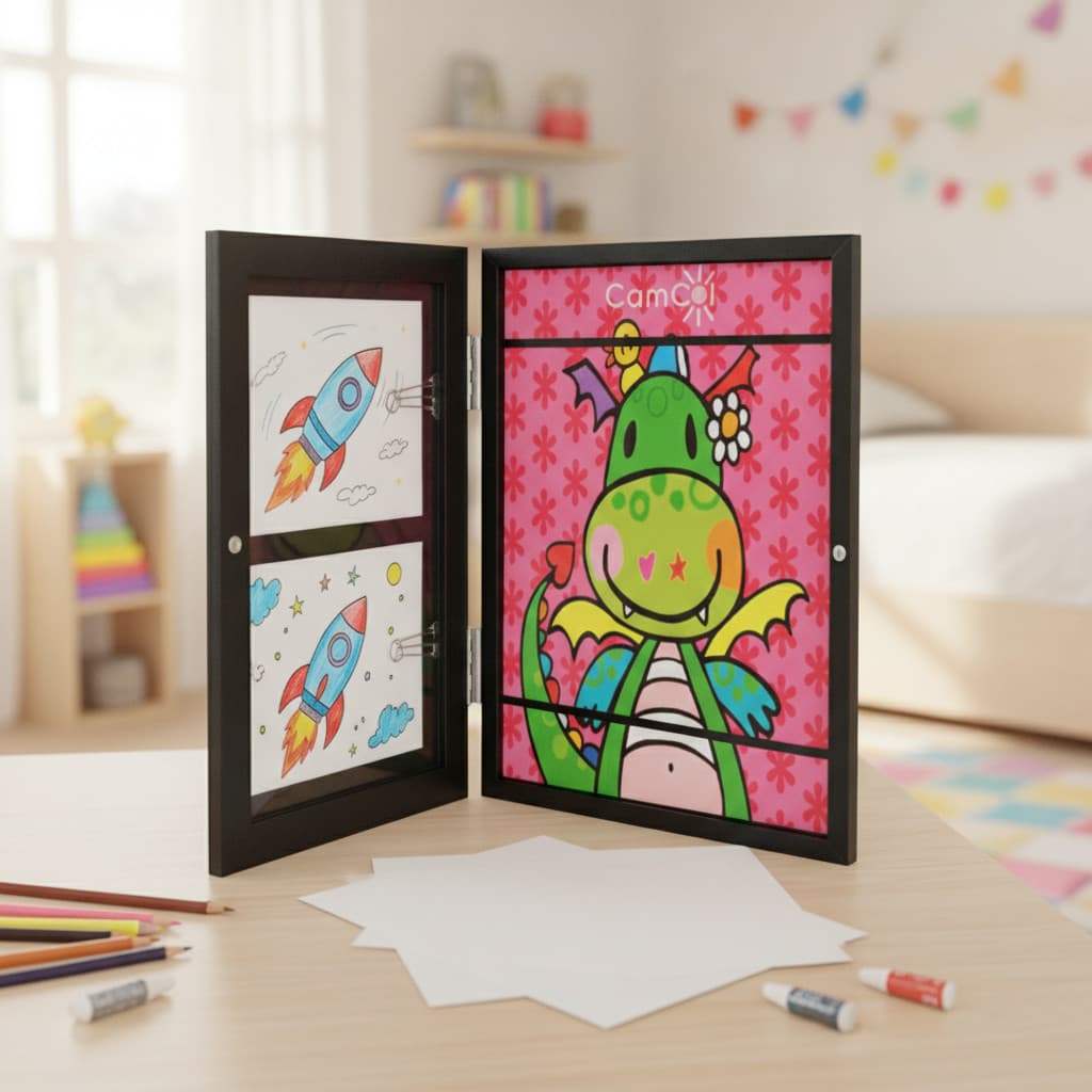 Moldura Expositora de Desenhos Infantil | Quadro Organizador de Parede Preto | Coleção de Arte
