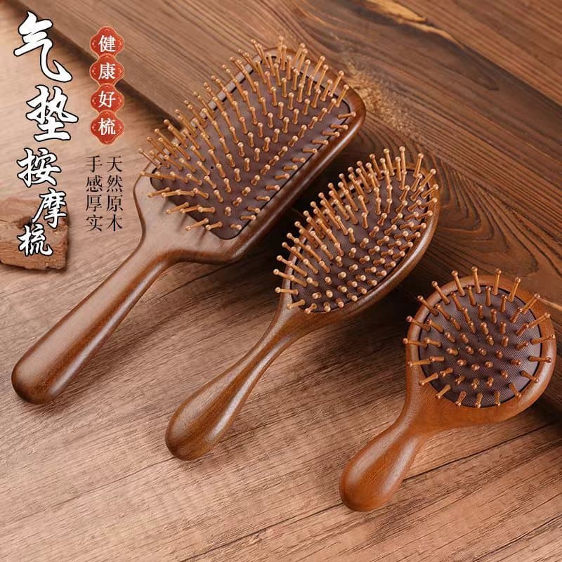 Escova de Cabelo com Almofada de Ar de Sândalo Natural para Mulheres com Cabelos Cacheados, Cerdas Macias para Desembara