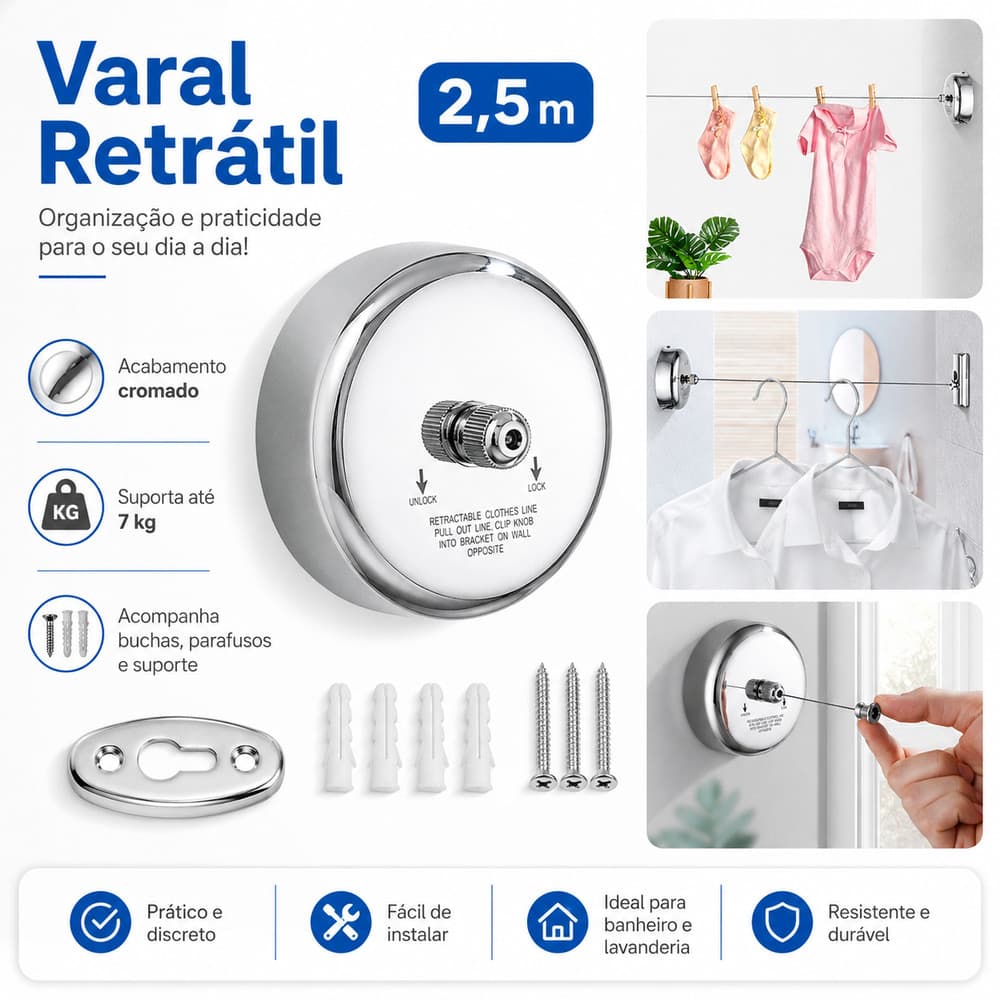 Varal Retrátil Inox Cromado Pratico Banheiro Hotel Pousada Comodidade Lavanderia