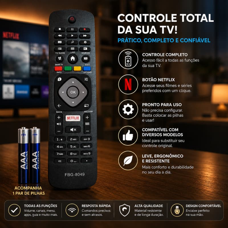 KIT Controle TV Philips Smart C/ Netflix Le-7276 Fbg-8049 + Pilhas Inclusa