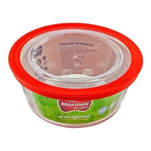 Pote Redondo Tigela De Vidro 1,2l Médio Tampa Marinex Transparente Tampa Vermelha