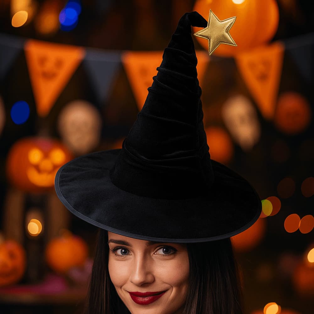 Chapéu De Bruxa De Halloween AHMVEX , Boné De Feiticeiro De Veludo Estrela , Acessórios De Cosplay , Adereços De Festa D