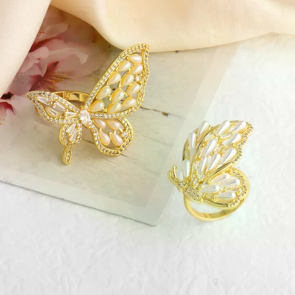 Anel de Borboleta com Pérola Imitada para Mulheres, Joia Personalizada Banhada a Ouro, CZ, Anel de Borboleta rigk52 FIH6