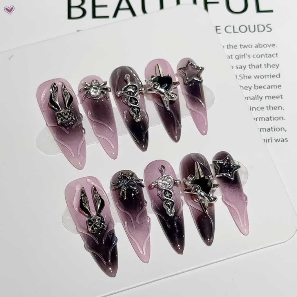 10 Peças De Unhas Artificiais Brilhantes Pretas-Falsas Feitas À Mão Para Mulheres , Meninas , Manicure , Faça Você Mesmo