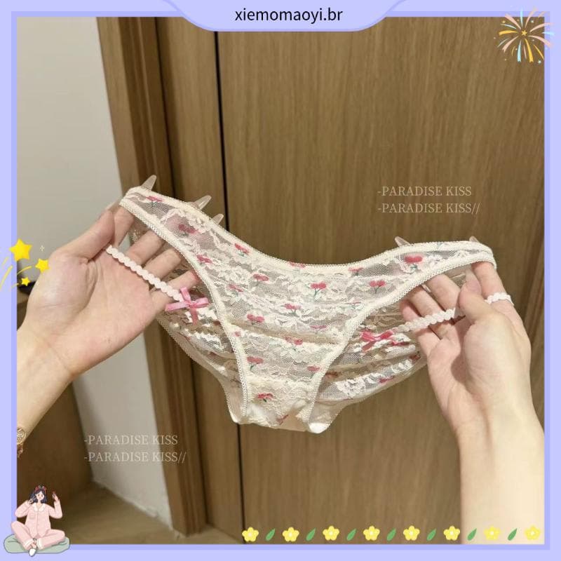 Puro desejo fruta cereja calcinha feminina renda cruz Bowknot meninas cinto fino calcinha confortável nádegas