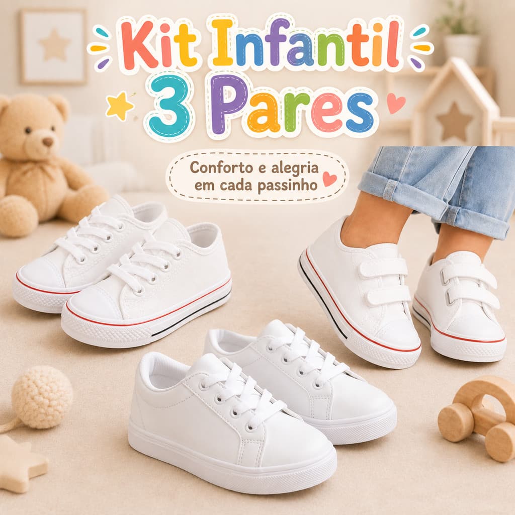 Lindo Kit 3 Pares Tênis Infantil Masculino feminino Unissex casual Escolar Pezinhos Felizes