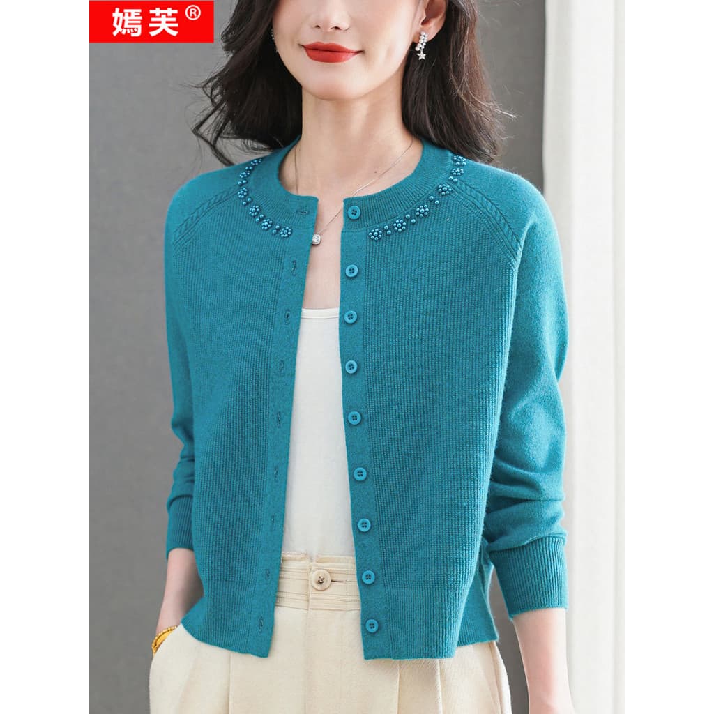 Yanfu lã Cardigan feminino primavera outono novo estilo malhas em torno do pescoço superior curto exterior camisola cor