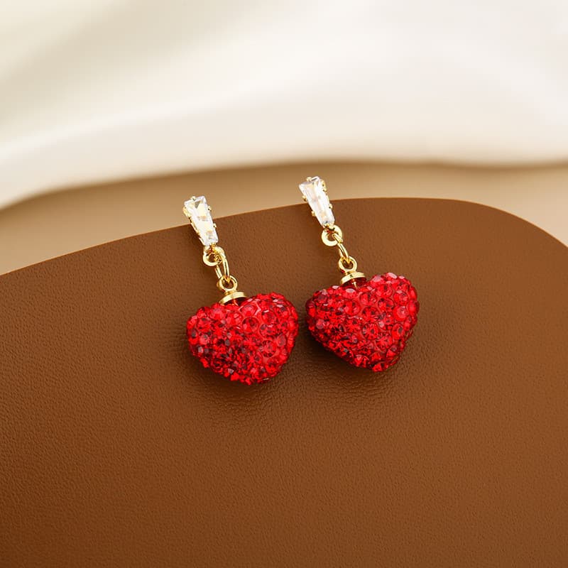 Brincos de coração de diamante festivo vermelho cheio de diamante pêssego coração
