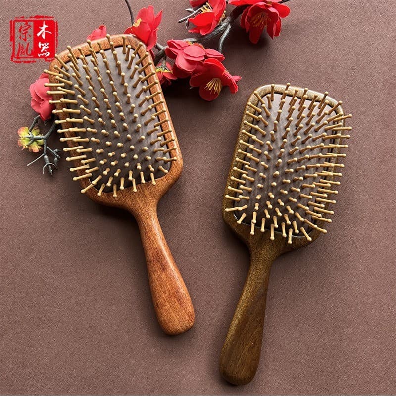 Escova de cabelo com almofada de ar de sândalo, escova de massagem com almofada de ar quadrada de madeira de sândalo ver