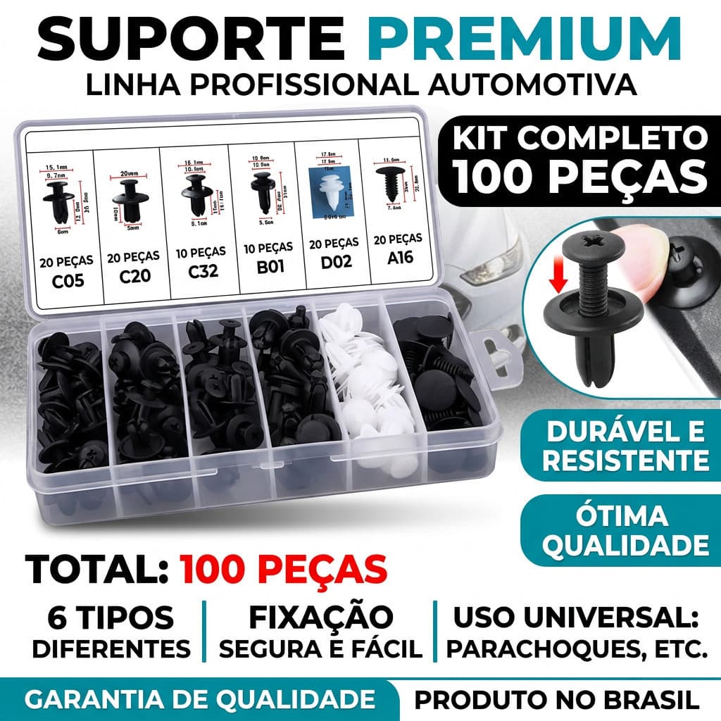 Kit 100 Grampo Presilha Automotiva Prendedor Hibrido De Clipes De Fixação De Peças Pino Parachoque Carro Universal