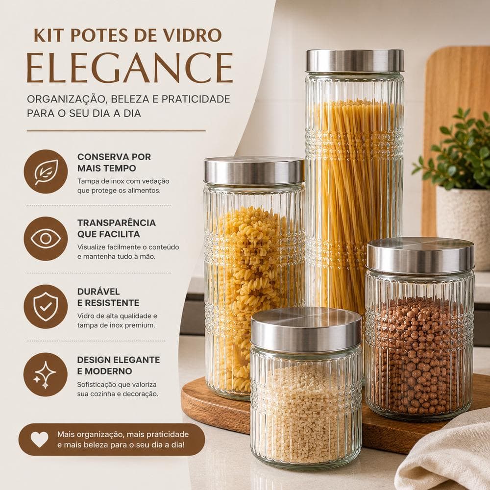 KIT 4 POTES HERMETICOS VIDRO TAMPA INOX PORTA MANTIMENTOS ORGANIZADOR COZINHA CEREAIS GRAOS ALIMENTOS
