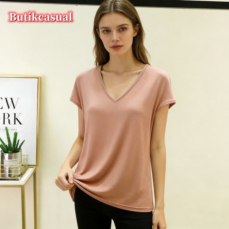 Camiseta Feminina Modal Sólida Com Decote Em V Manga Solta Fina Básica Interna Externa