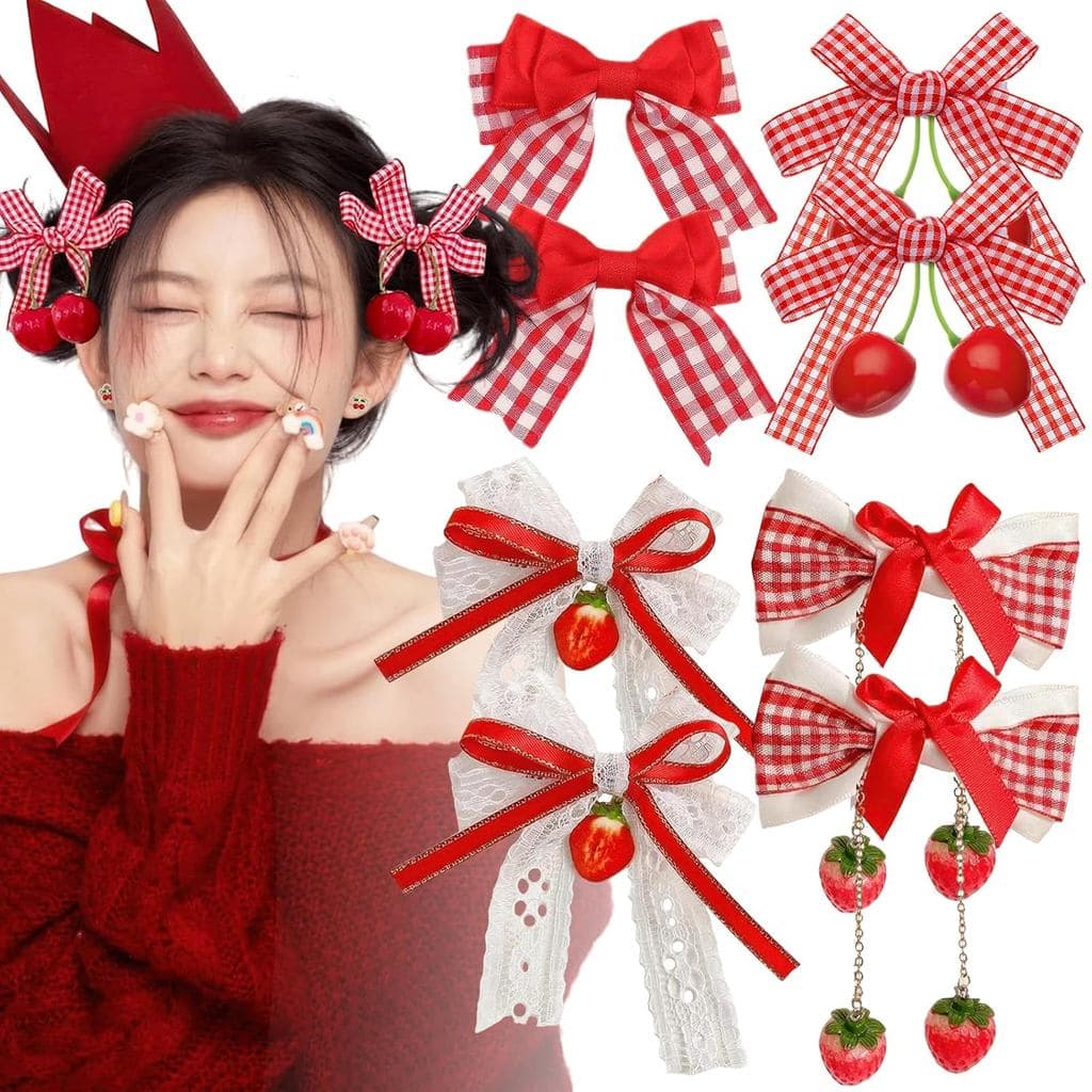 8 Pcs Cherry Strawberry Bow Hair Clips Cute Red White Bow Alligator Hair Clips Lace Gingham Hairpin Bows Fruit Hair Barr