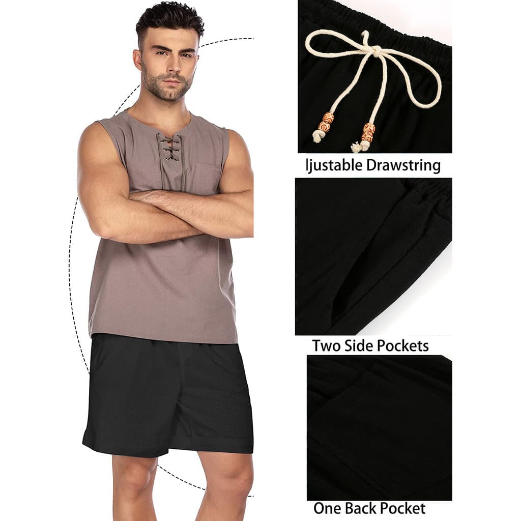 Shorts masculinos de algodão e linho com cadarço Plus Size com bolso Casual