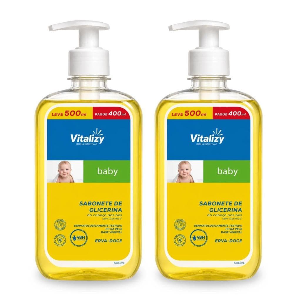 Kit 2x500ml Sabonete Líquido Bebê Glicerina Sem Lágrimas Erva-Doce Dermatologicamente Testado Base Vegetal Vitalizy