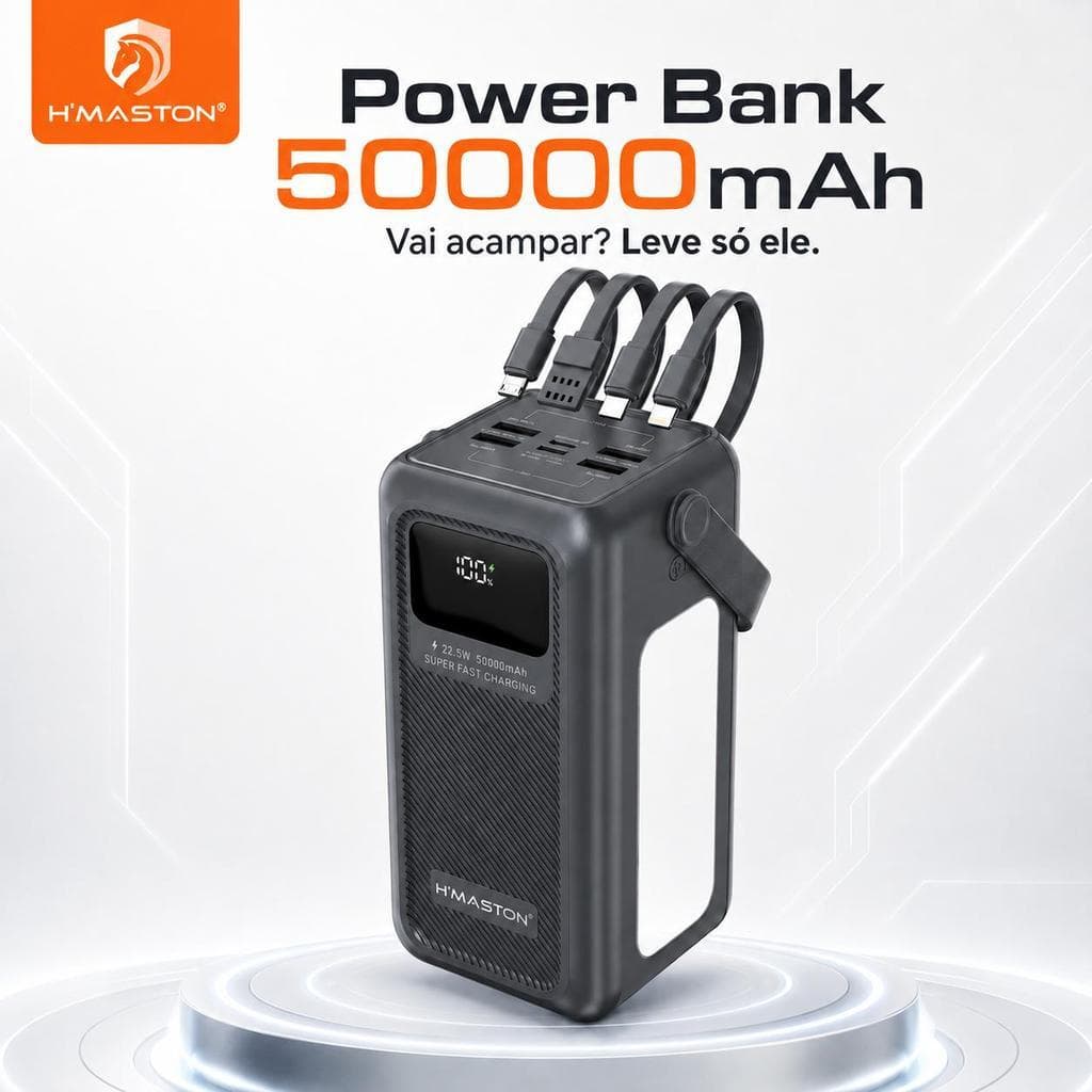 H'MASTON YD99 Power Bank para Camping e Outdoor 50000mAh com Lanterna LED de Emergência 4 Cabos Integrados Carregamento