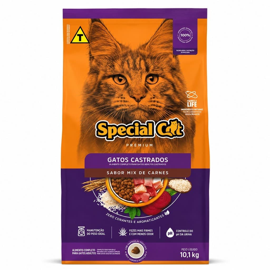 Ração Special Cat Gatos Castrados 10,1kg Premium Mix de Carnes Controle de Peso Original