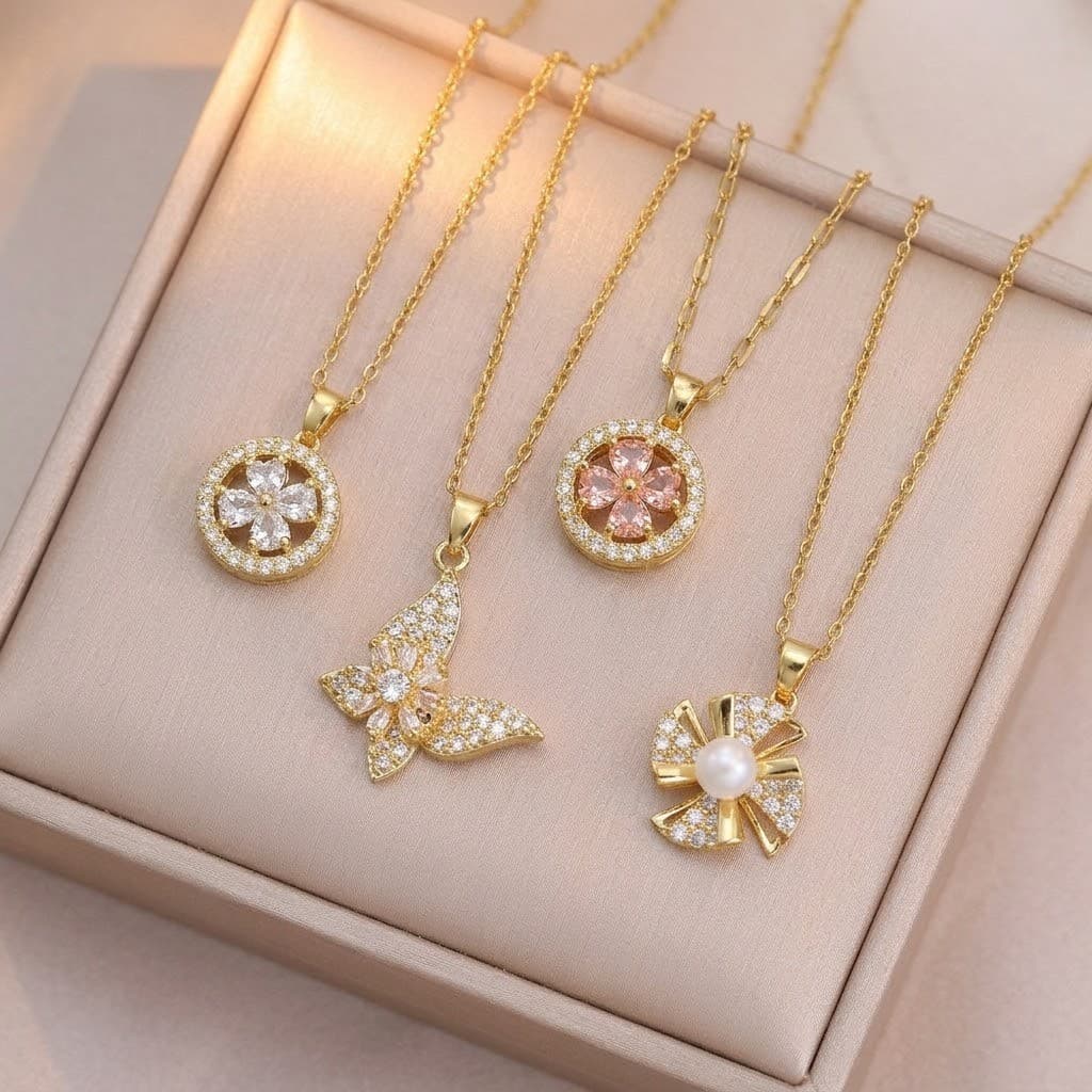 Colar Feminino com Pingente de Flor de Quatro Folhas Rotativa em Zircônia, Design Novo e Único, Corrente Elegante para C