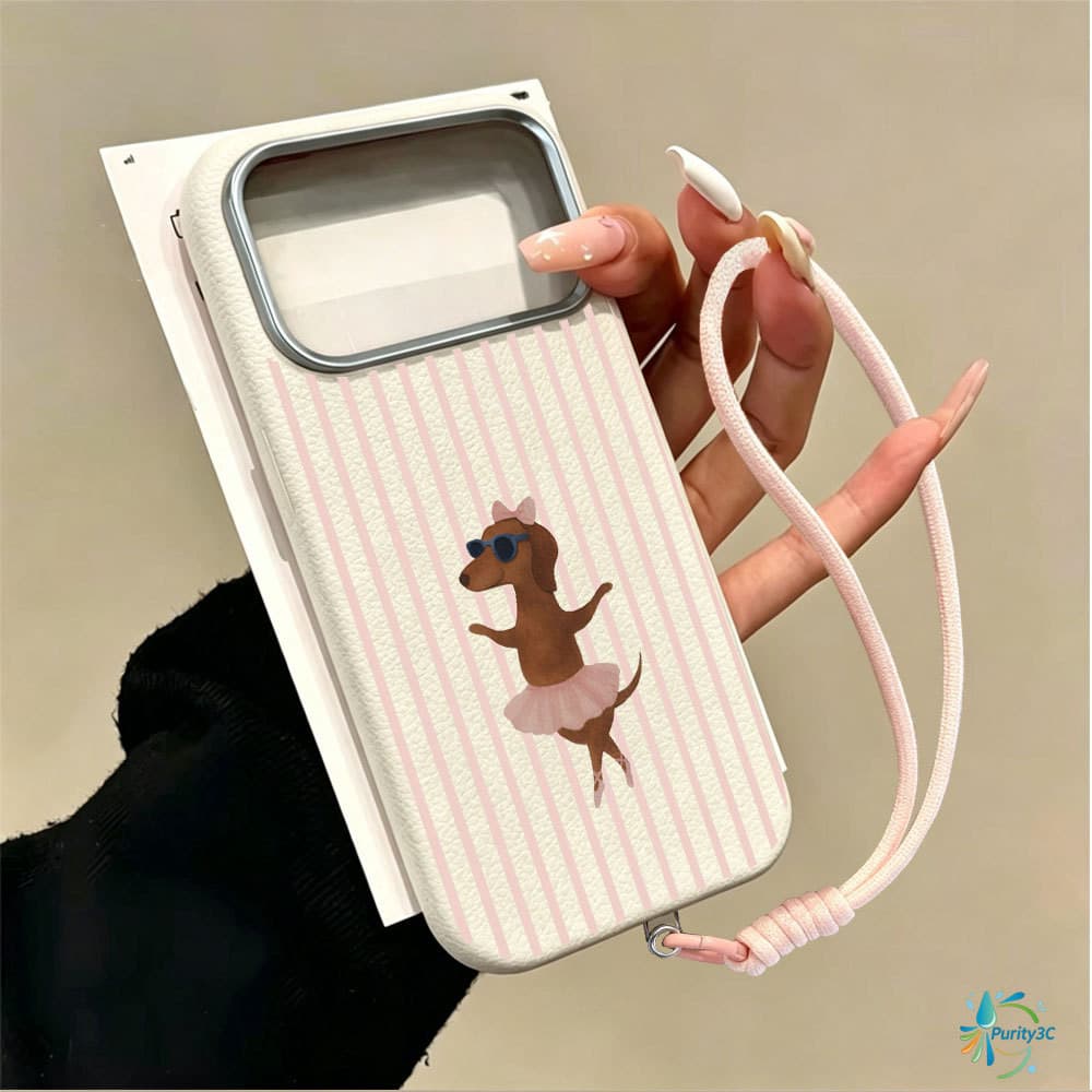 Capinha Textura de Couro Macia Para  iPhone 17 Pro Max 17 Air 16 15 13 11 14 12 Cachorro Salsicha Ballet Listrado Capa