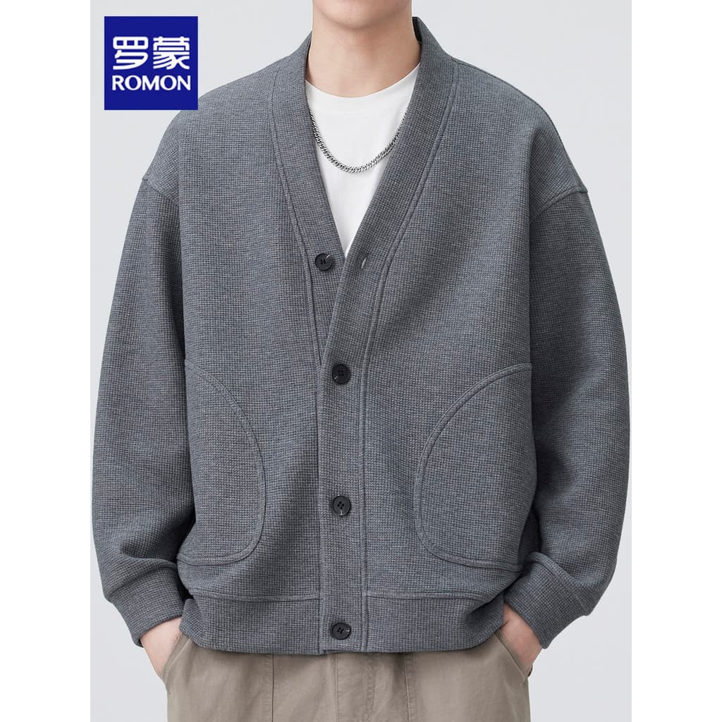 Romon Waffle Cardigan moletom masculino 2026 primavera novo estilo na moda Casual americano Retro com decote em v jaquet