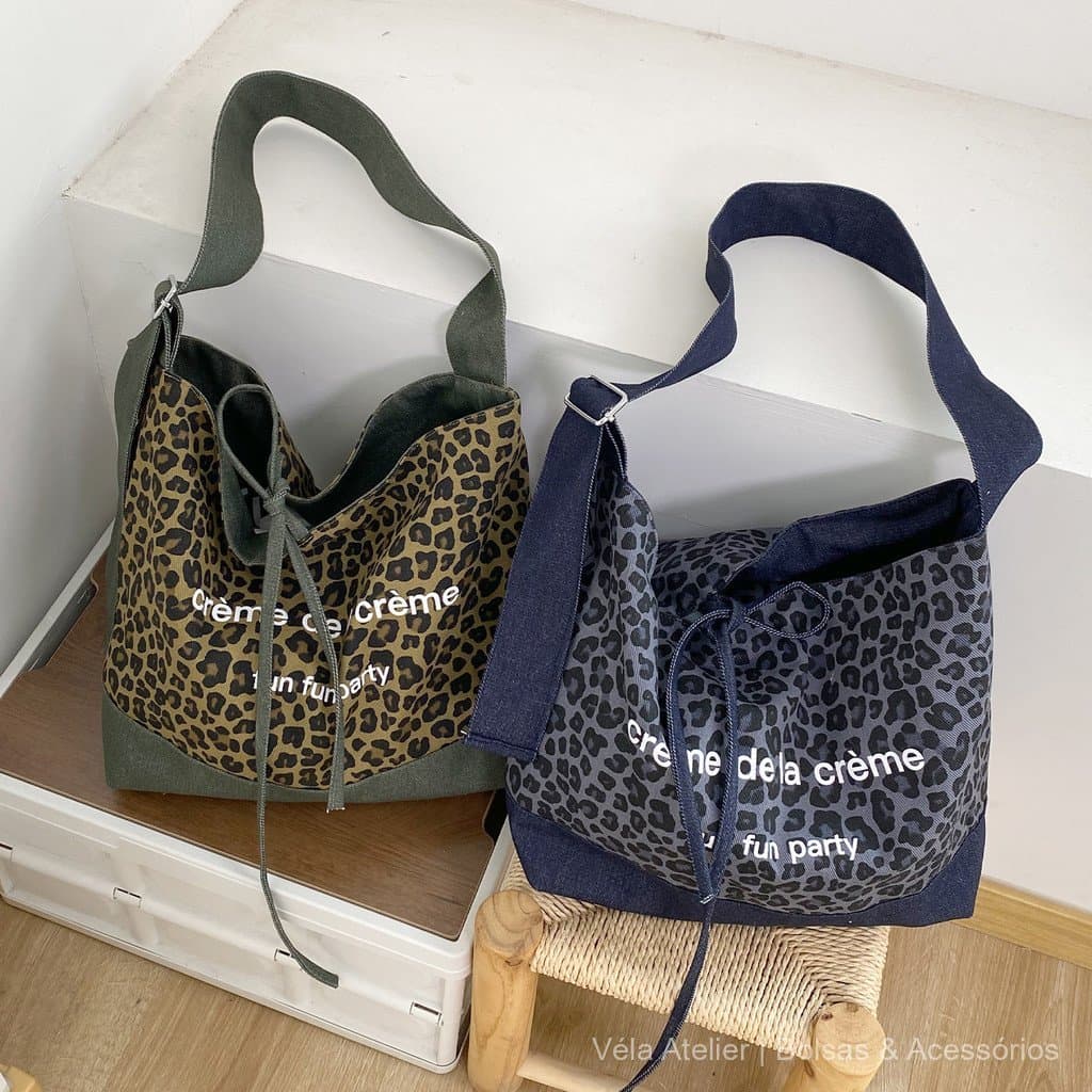 Bolsa Tote de Denim Vintage com Estampa de Leopardo e Patchwork, Grande Capacidade, Estilo Americano, Bolsa Transversal