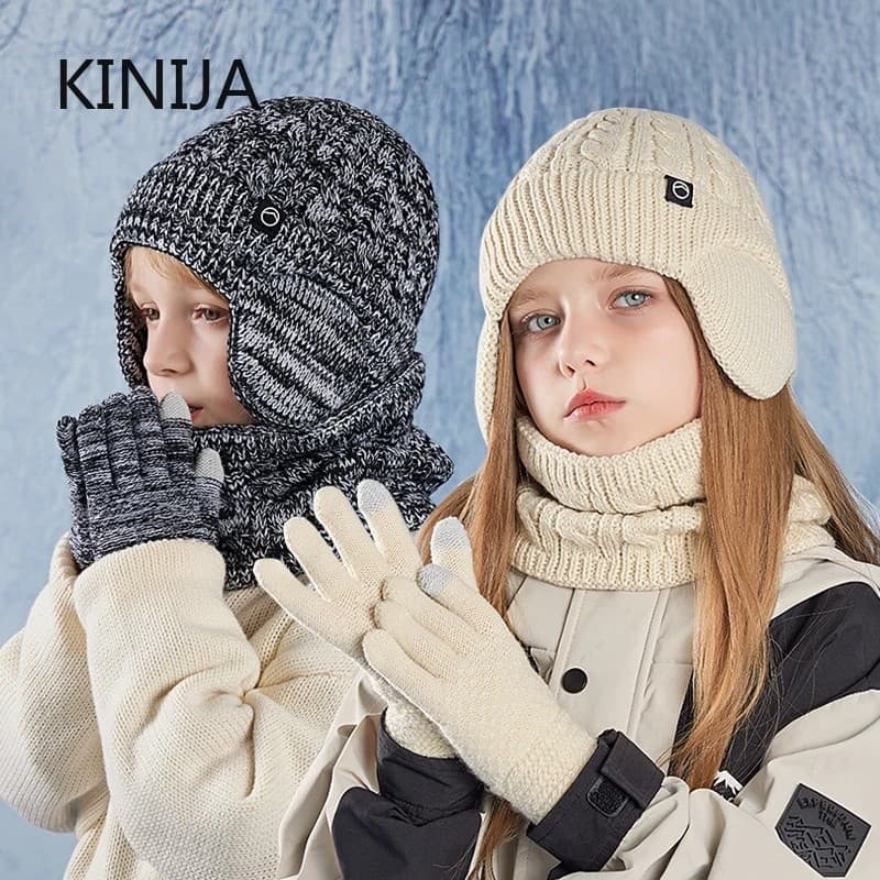 Chapéu De Inverno Infantil De 3 Peças , Cachecol E Conjunto De Luvas , Gorro De Malha Unissex , Lenço De Proteção De Ouv