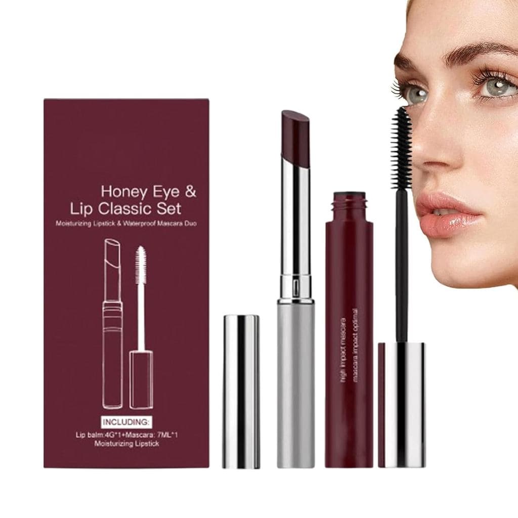 Conjunto de Cuidados para Lábios e Olhos Honey, incluindo Batom Honey + Máscara de Cílios de Alto Impacto, Bálsamo Labia