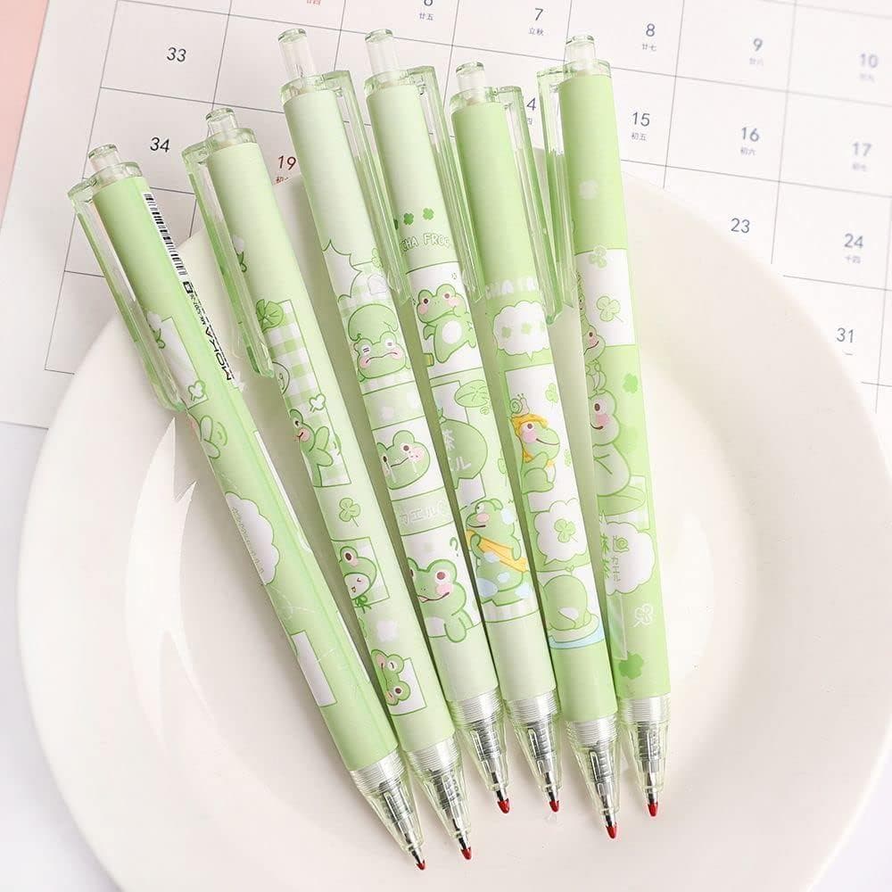 Jowxsx 6 Canetas Fofas de Tinta Gel Preta, Caneta de Gel em Forma de Sapo Verde, Caneta Retrátil de Ponta Esferográfica