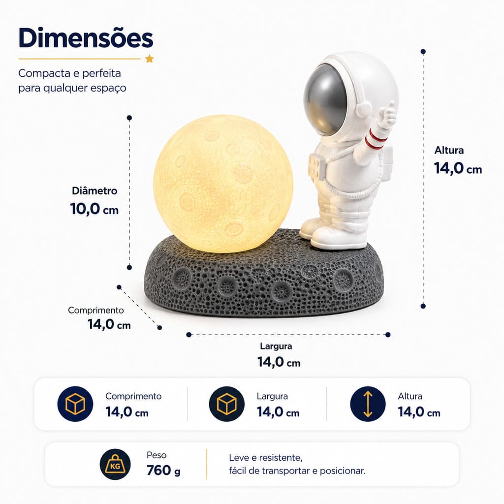 Luminária Astronauta Infantil Astrolight Zein - Luz Noturna Suave a Bateria para Quarto de Criança