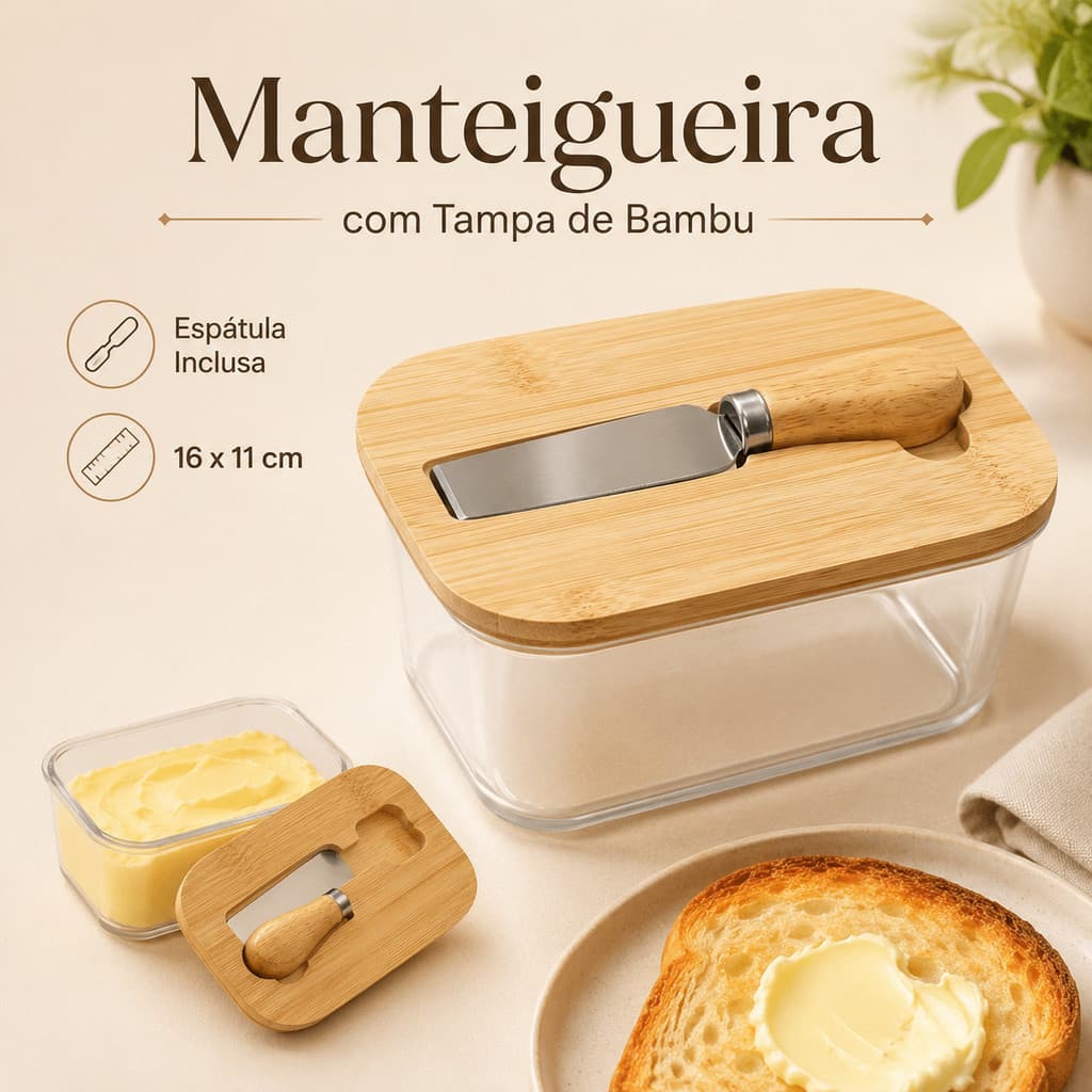 Manteigueira com Espátula e Tampa de Bambu Porta Frios 700ml