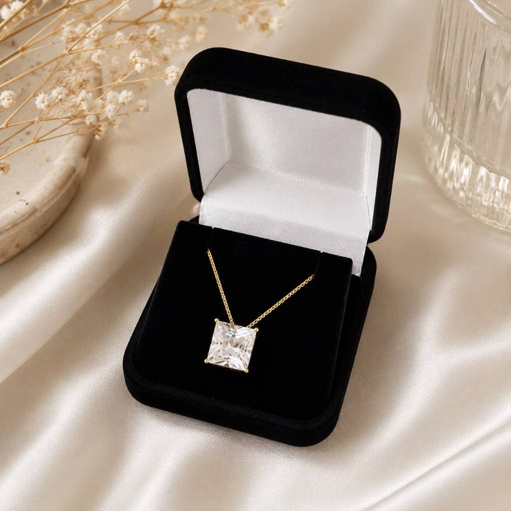 Colar Ponto de Luz Quadrado Feminino Zircônia Banhado a Ouro 18k + Caixinha de Presente