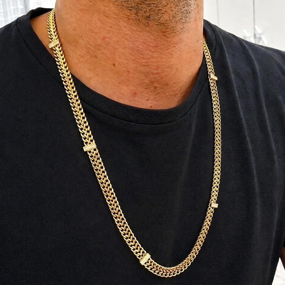 Corrente Cordão Masculino Duplo Grumet Cravejado 7mm 70cm Banhado a Ouro