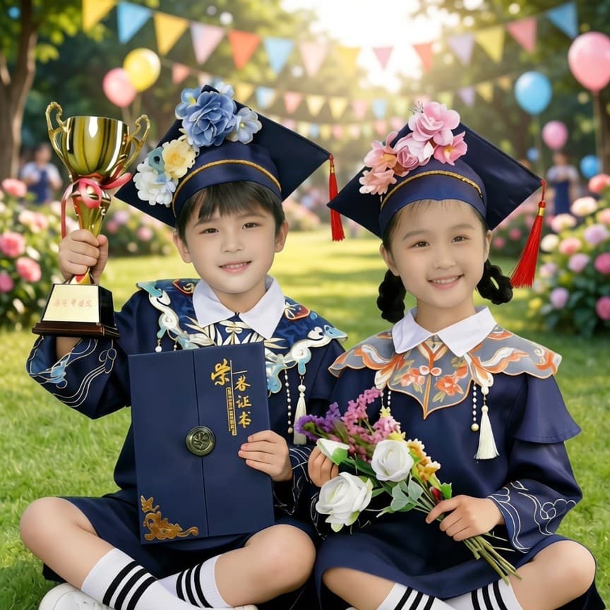 2026 novo estilo traje de formatura do jardim de infância Hairpin uniforme de doutorado estudantes da escola primária gr
