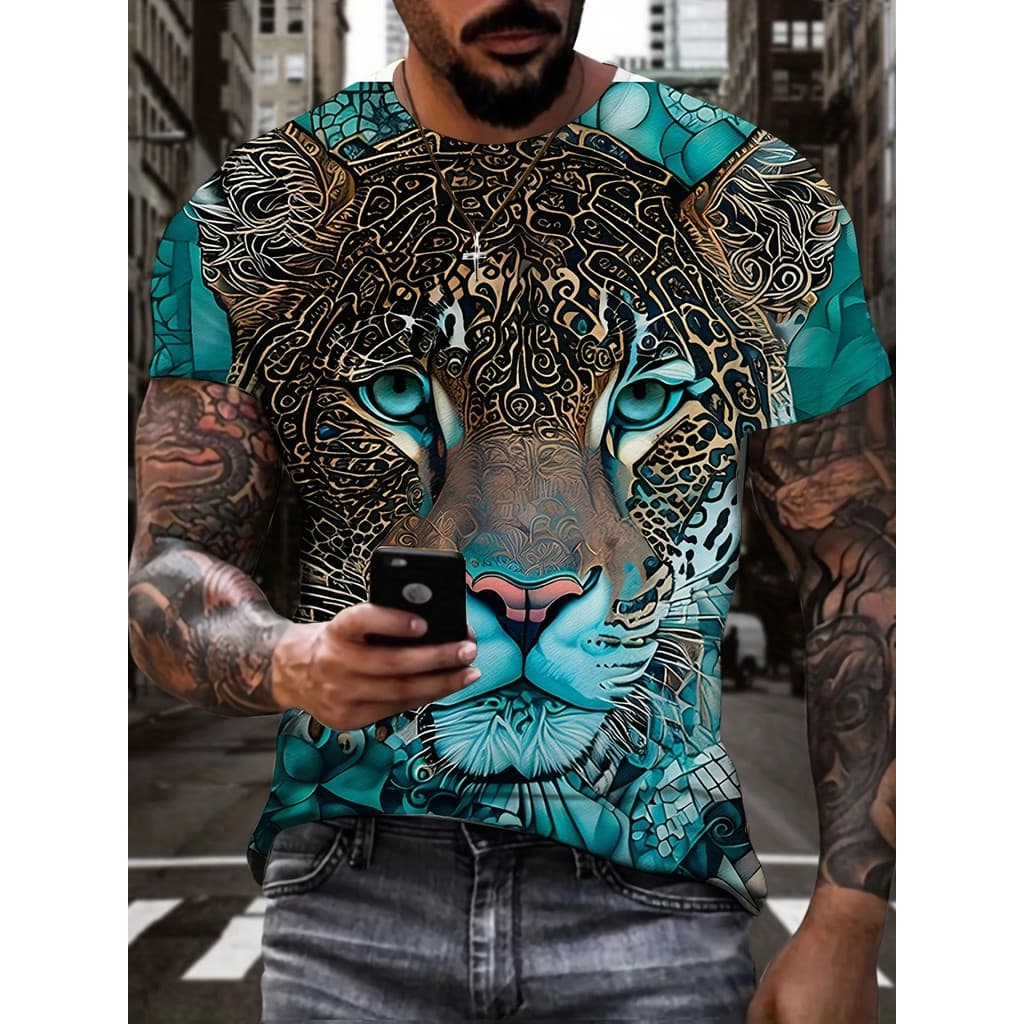 Camiseta Masculina De Verão Com Estampa De Leopardo 3D Casual , Ligeiramente Elástica E Respirável , De Manga Curta Ao A