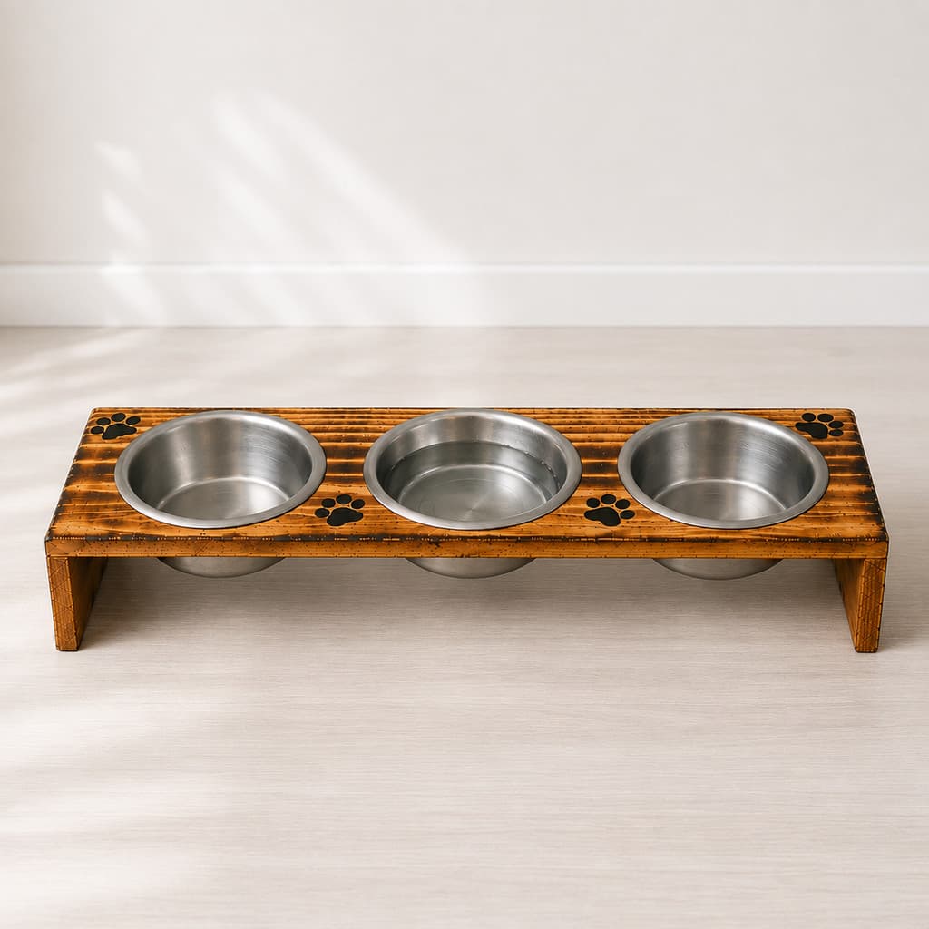 Comedouro Triplo e Duplo Madeira Pinus para Gato e Cães Pequeno Porte 3 e 2 Potes Agua e Ração