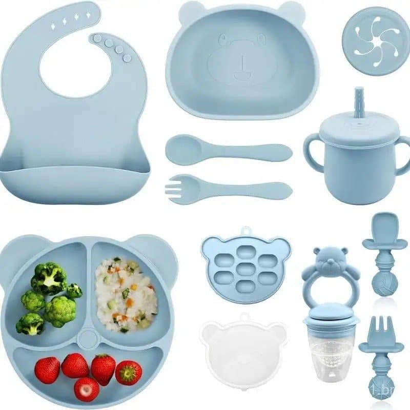 Conjunto de Alimentação de Silicone com Design de Urso Fofo, 11 peças/conjunto: Tigela para Alimentação de Bebê, Colher,