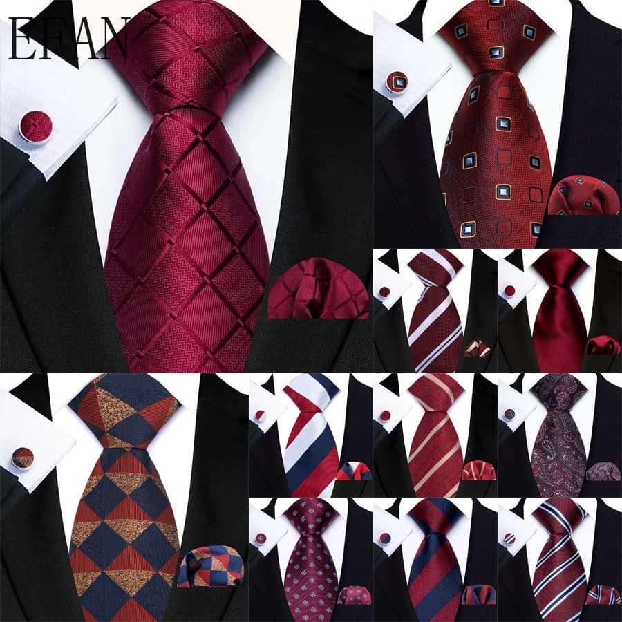 8cm Clássico Listras Vermelhas Escuras Ponto Moda Masculina Gravata Lenço Bolso Abotoaduras Quadradas Conjunto Para Smok