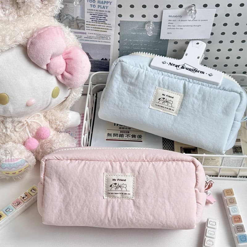 Estojo de lápis fofo e estiloso de grande capacidade para meninas, com design quadrado, cor creme, alta capacidade de ar