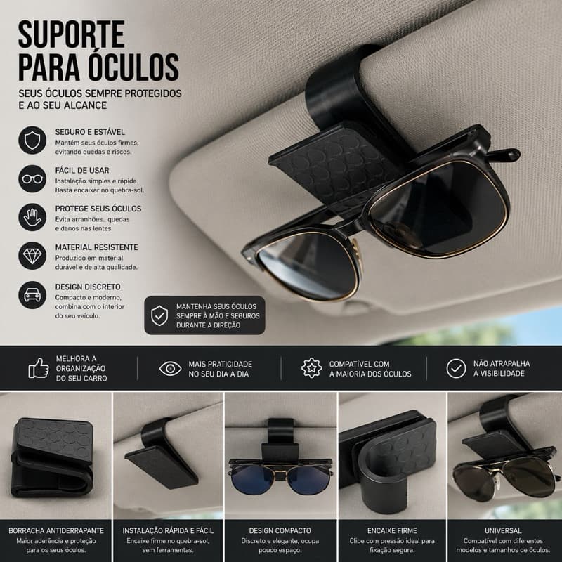 Suporte Veicular para Óculos | Porta Óculos para Quebra-Sol Universal Premium | Clip Automotivo